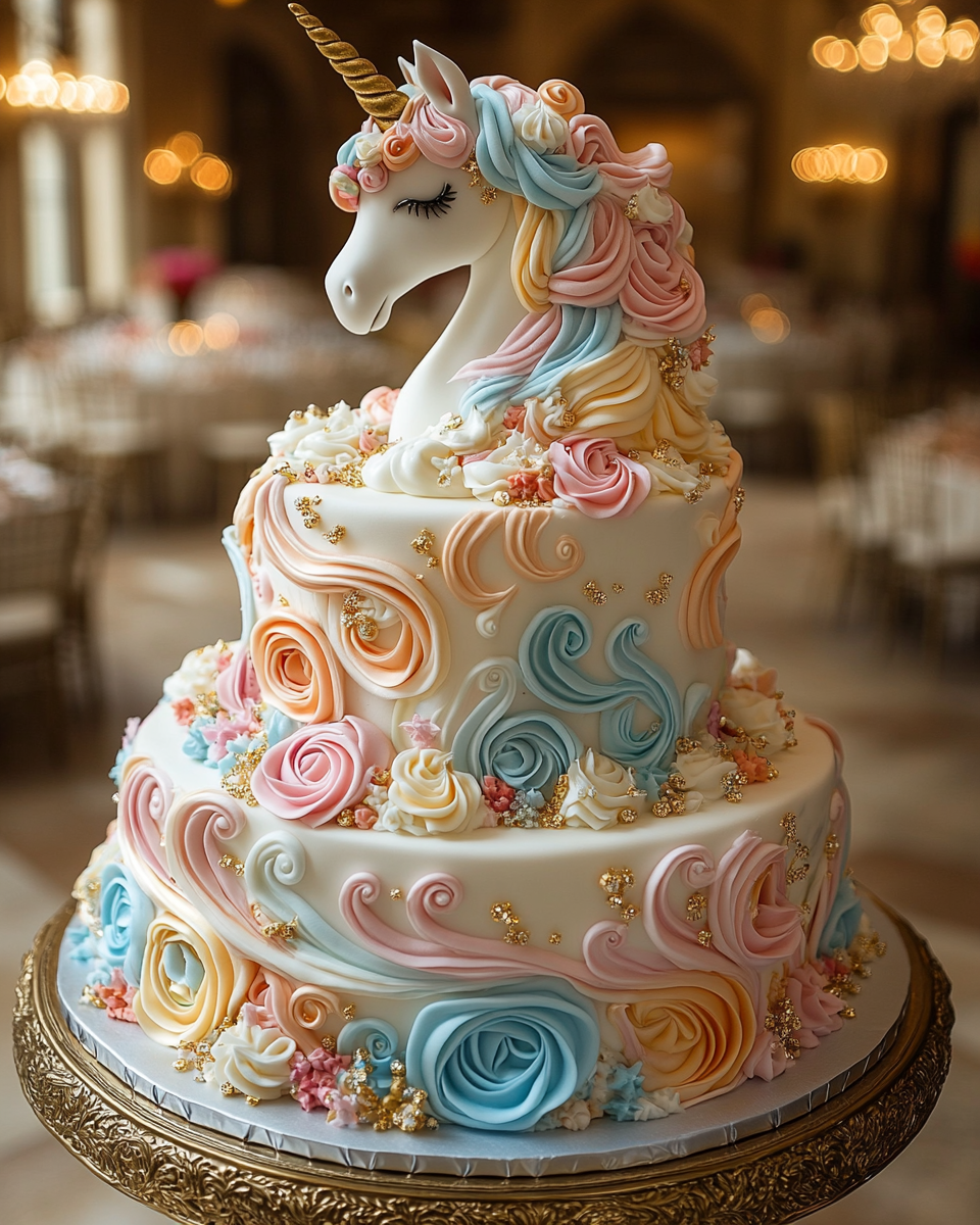 Elegant Rainbow Unicorn Themed Cake with Filigree Design