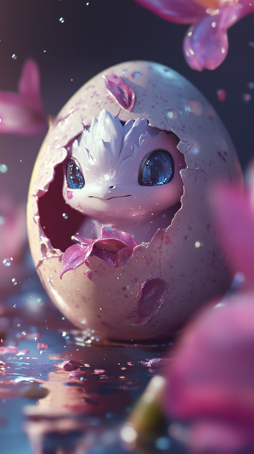 Elegant Roselia Pokémon hatching from a vibrant egg.