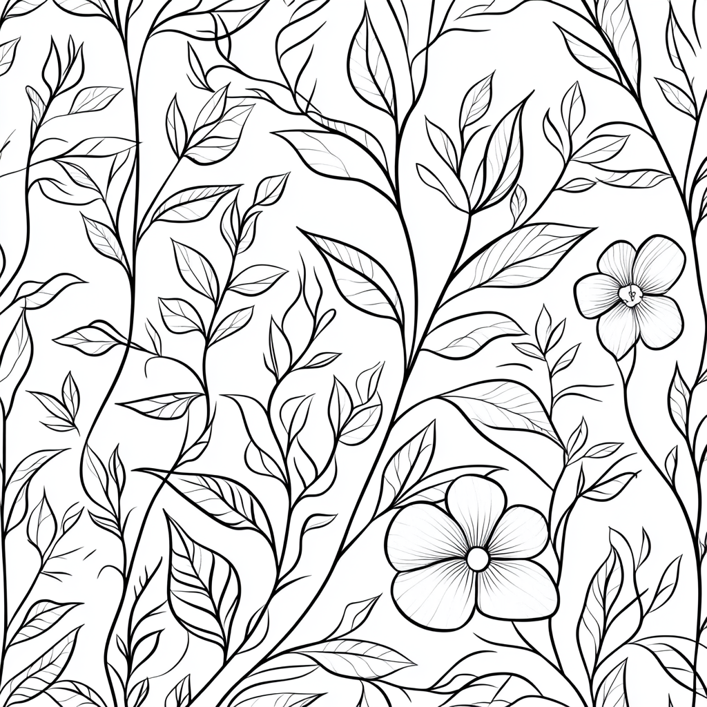 Elegant adult coloring botanical line drawing, minimalist and harmonious.