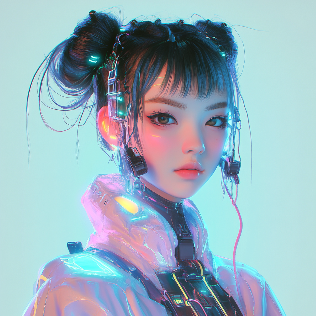 Elegant anime-style woman in futuristic cyberpunk-inspired metaverse.