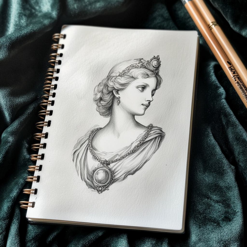 Elegant art nouveau pendant sketch on spiral notebook.