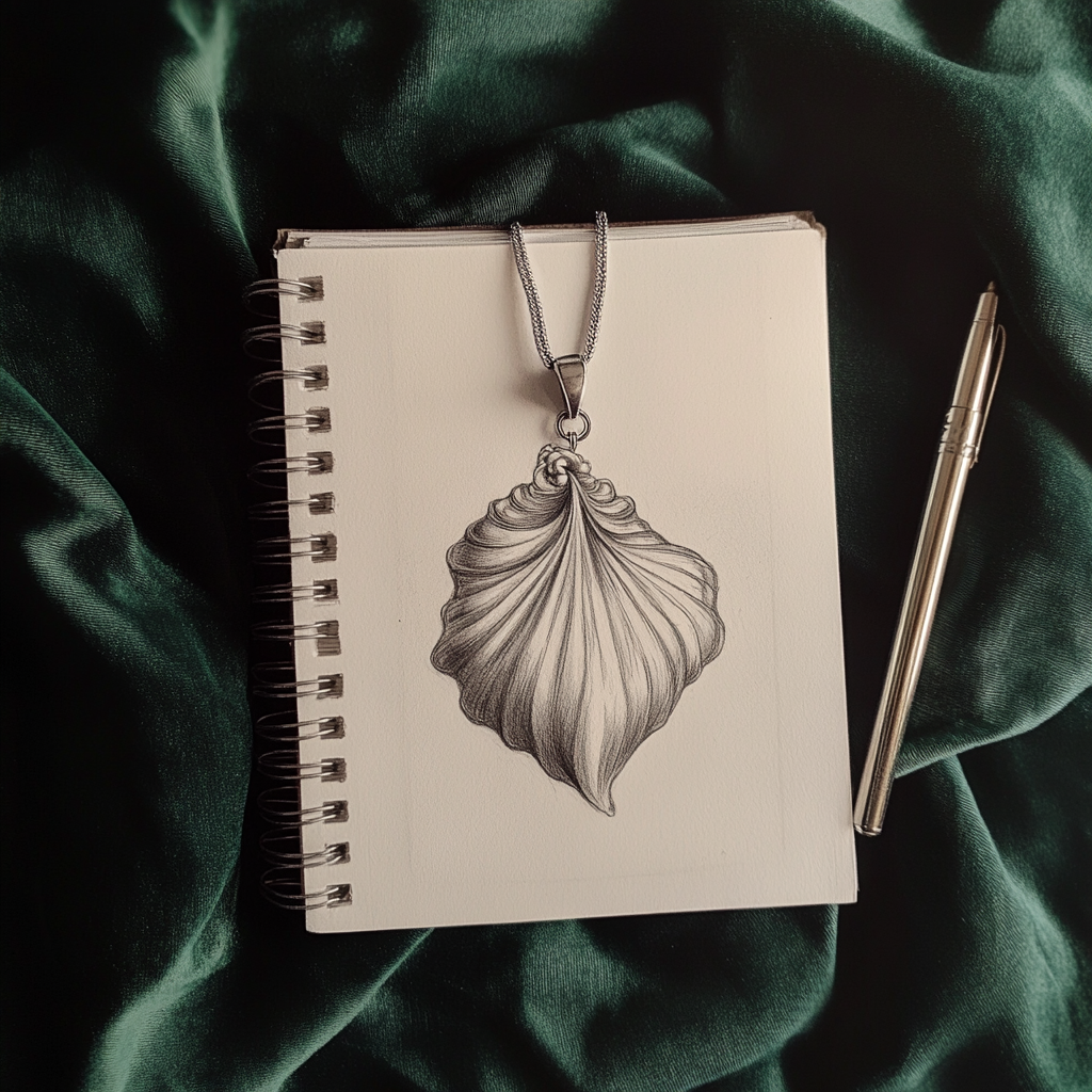 Elegant art nouveau shell pendant sketch on notebook.