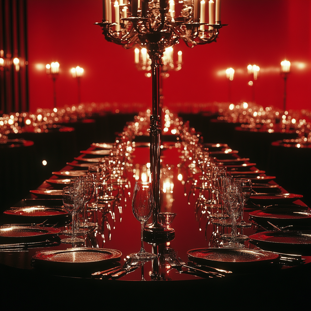 Elegant black tables with silverware in red room