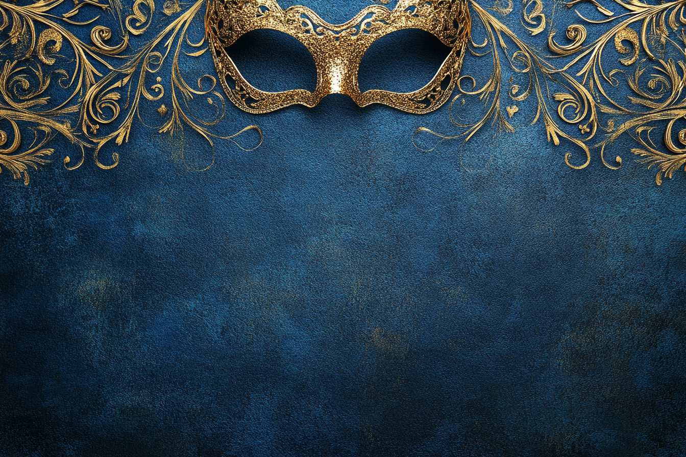 Elegant blue background with gold masquerade mask swirls.