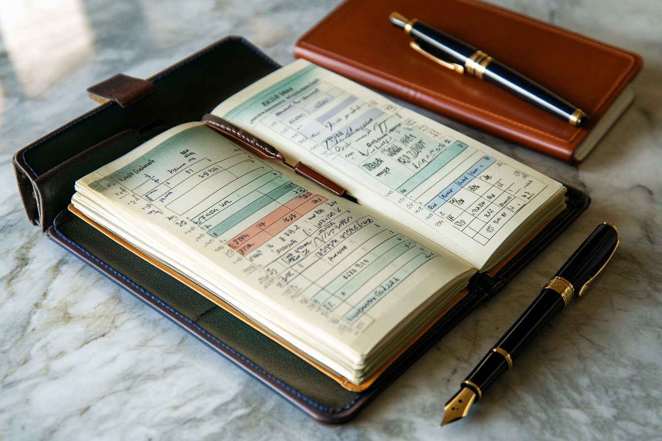 Budget book and Pen on a marble table