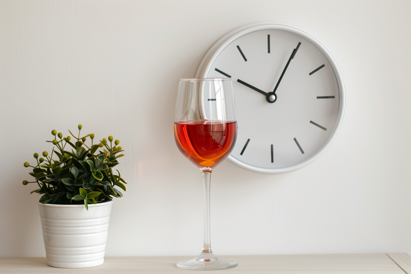 Elegant clock and glass of wine symbolize alcohol elimination.