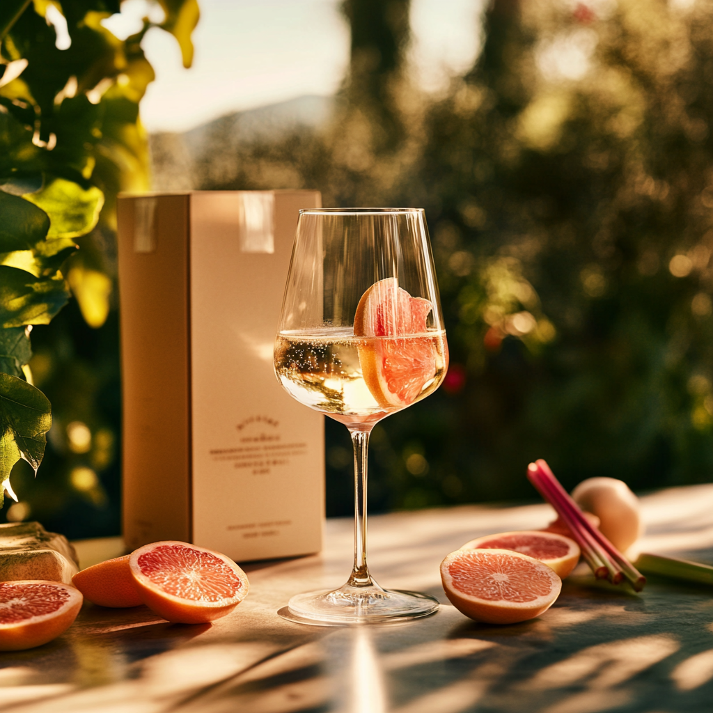 Elegant cocktail glass on sunny terrace with rhubarb