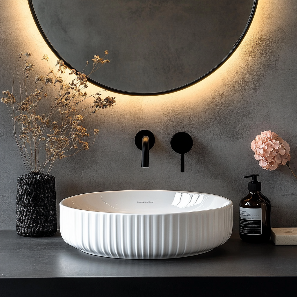 Elegant company bathroom sink with front view.