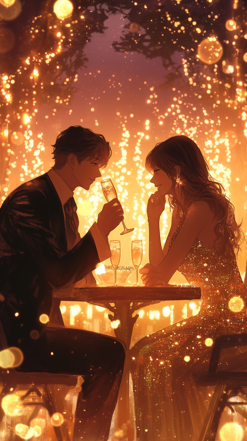 Elegant evening attire, champagne flutes, and twinkling fairy lights.