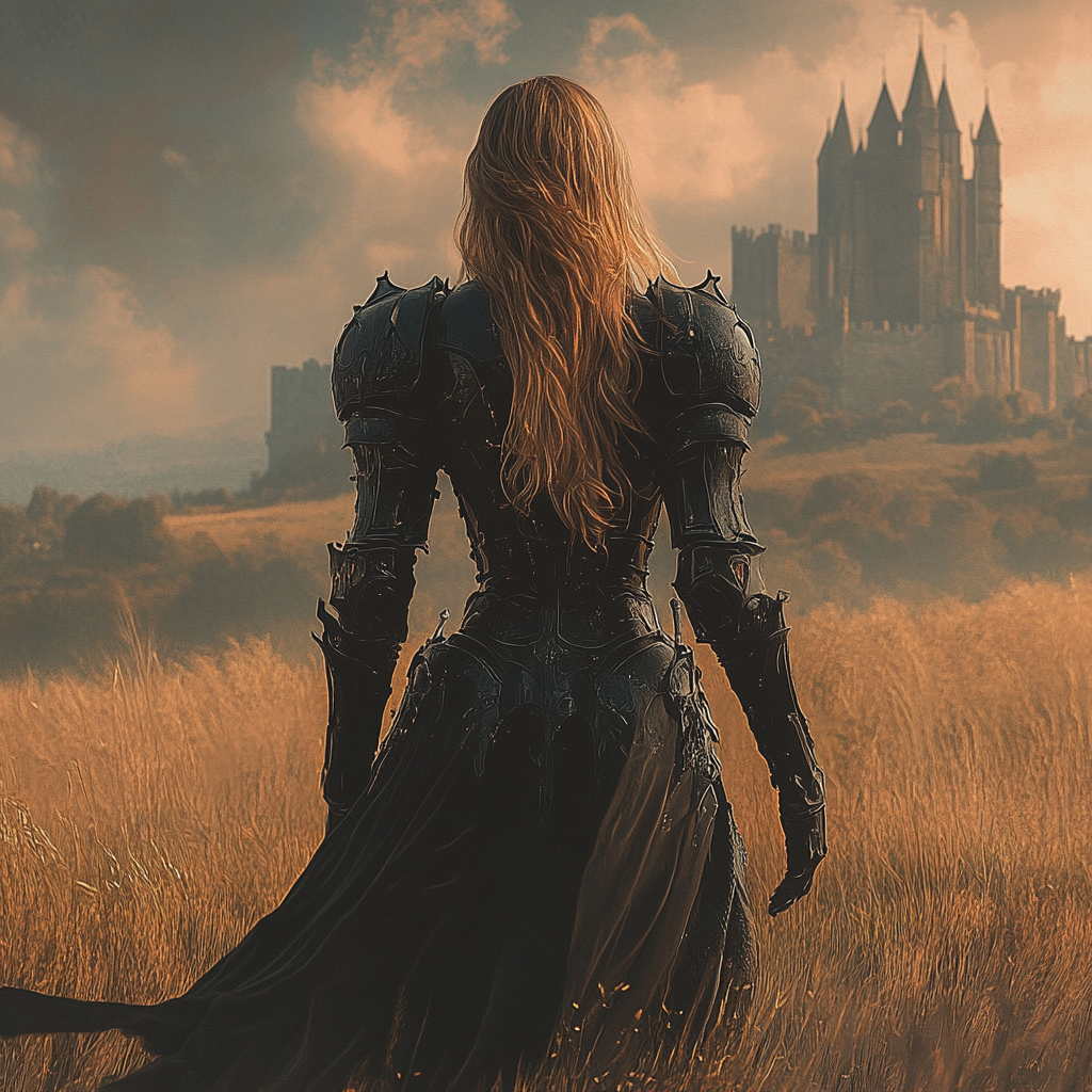 Elegant female knight in black armor. Wavy hair silhouette.