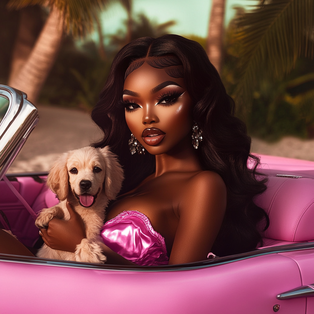 Elegant girl in stylish car with cute puppy