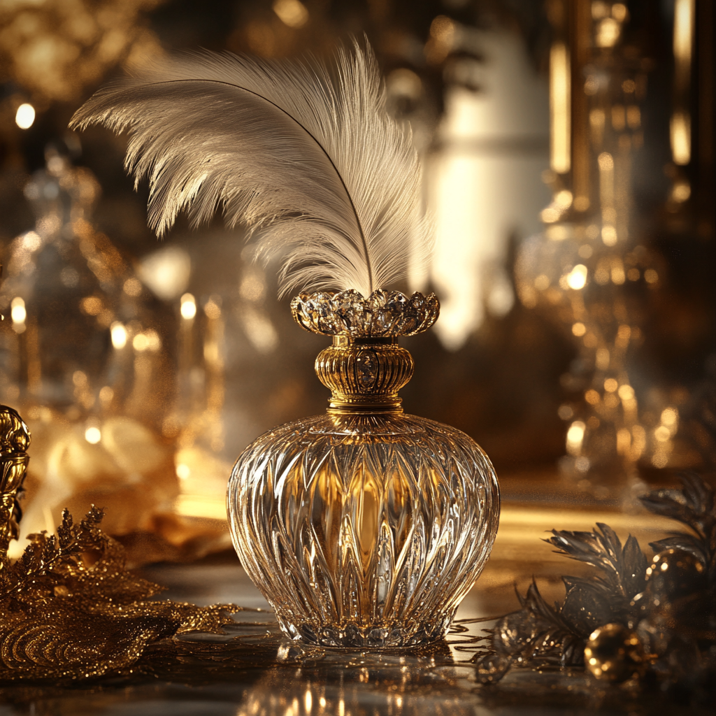 Elegant golden feathered perfume bottle in luxurious setting