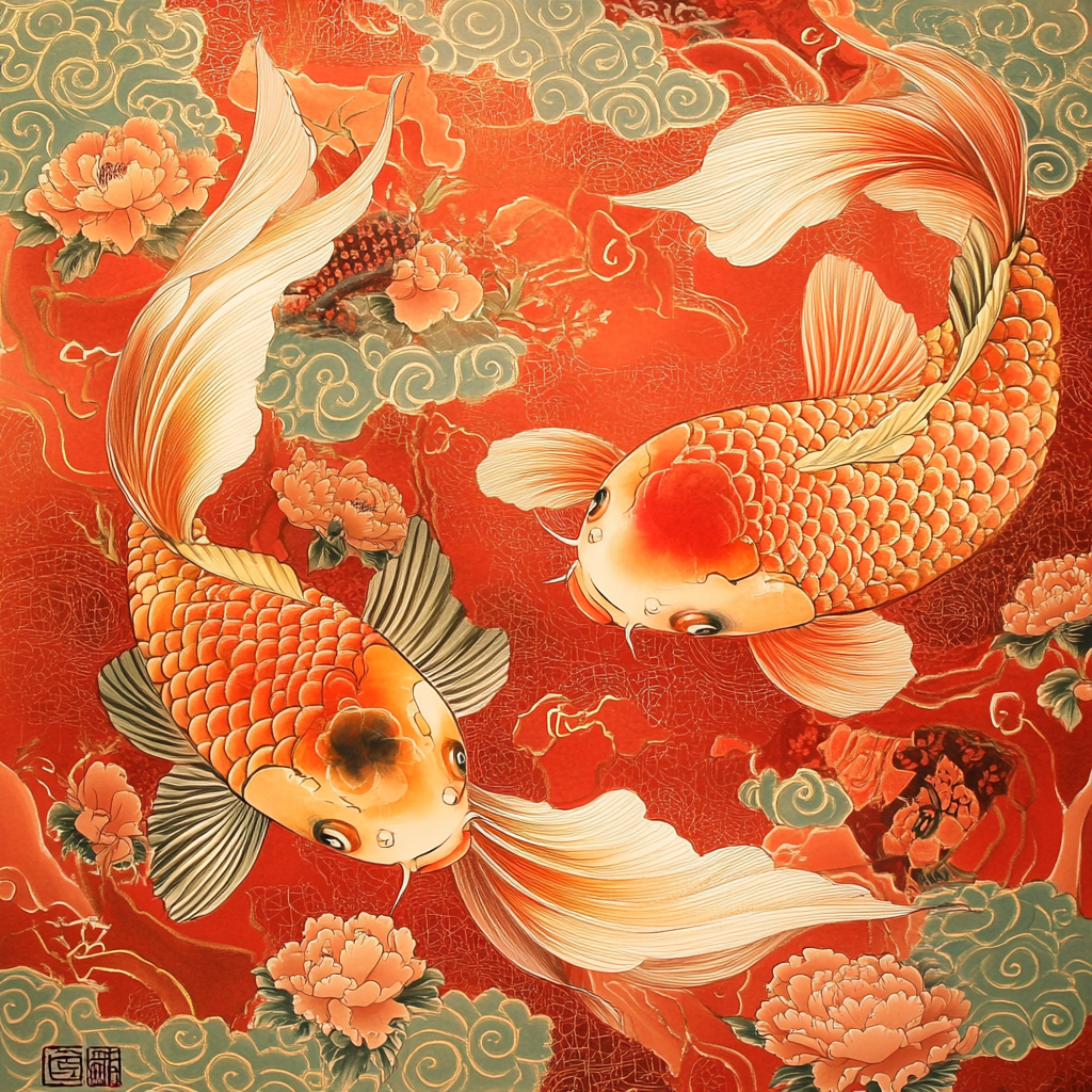 Elegant goldfish with large tails, colorful patterns in red.