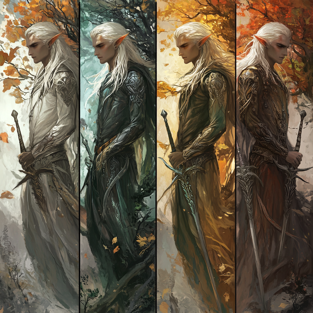 Elegant male elf in four seasonal art variations.