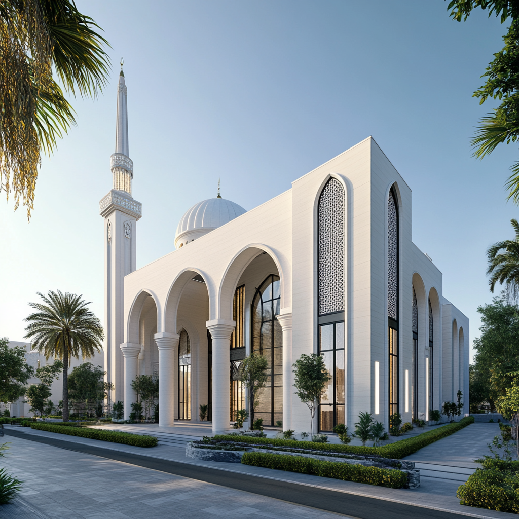 Elegant mosque with modern architecture and large columns.