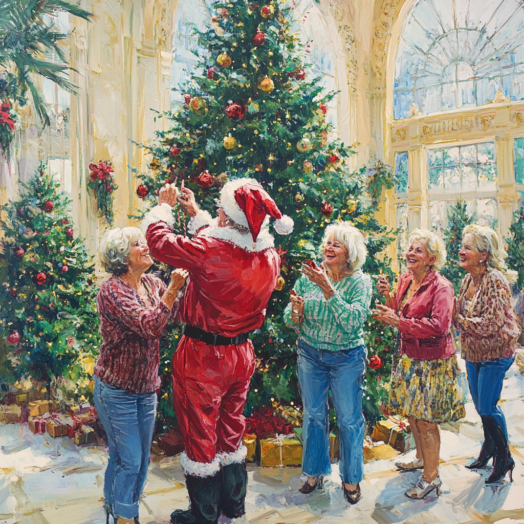 Elegant older ladies decorate tree with Santa