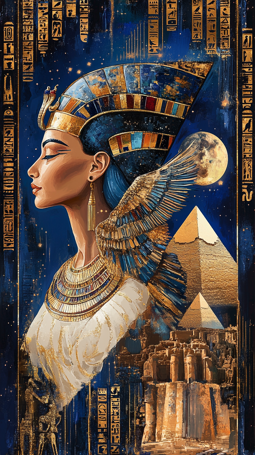 Elegant portrait of Nefertiti, goddess Isis, and pyramids.