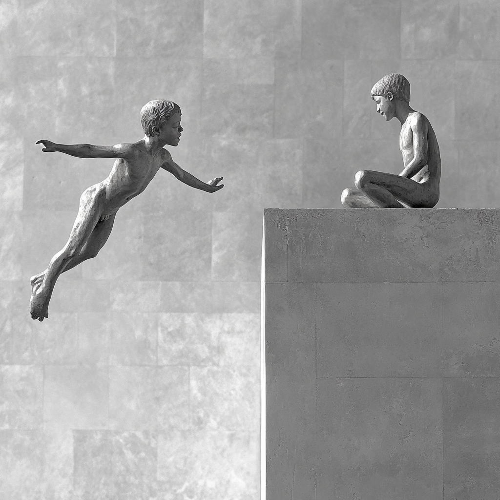 Elegant sculpture of two boys in dynamic pose.