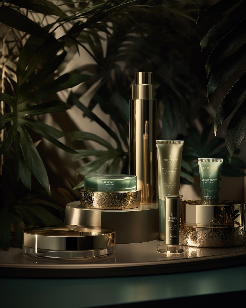 Elegant skincare products showcased in luxurious ambiance.