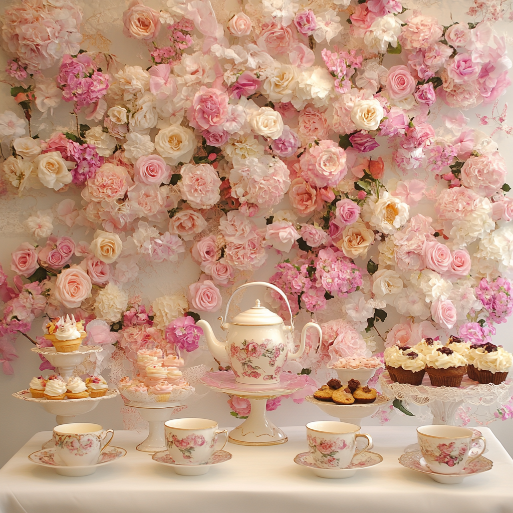 Elegant tea party with floral, lace, hats, and desserts.