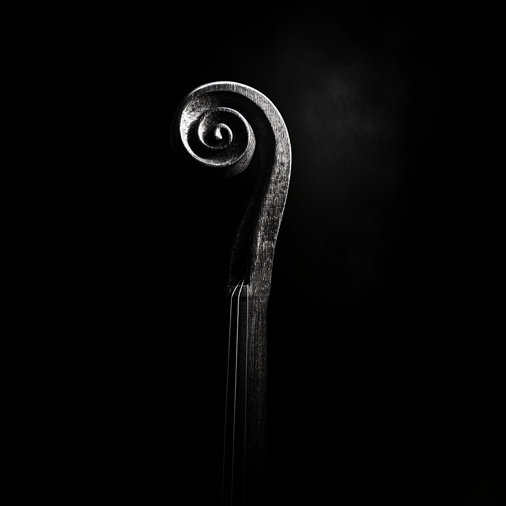 Elegant violin scroll emerging from mysterious darkness.