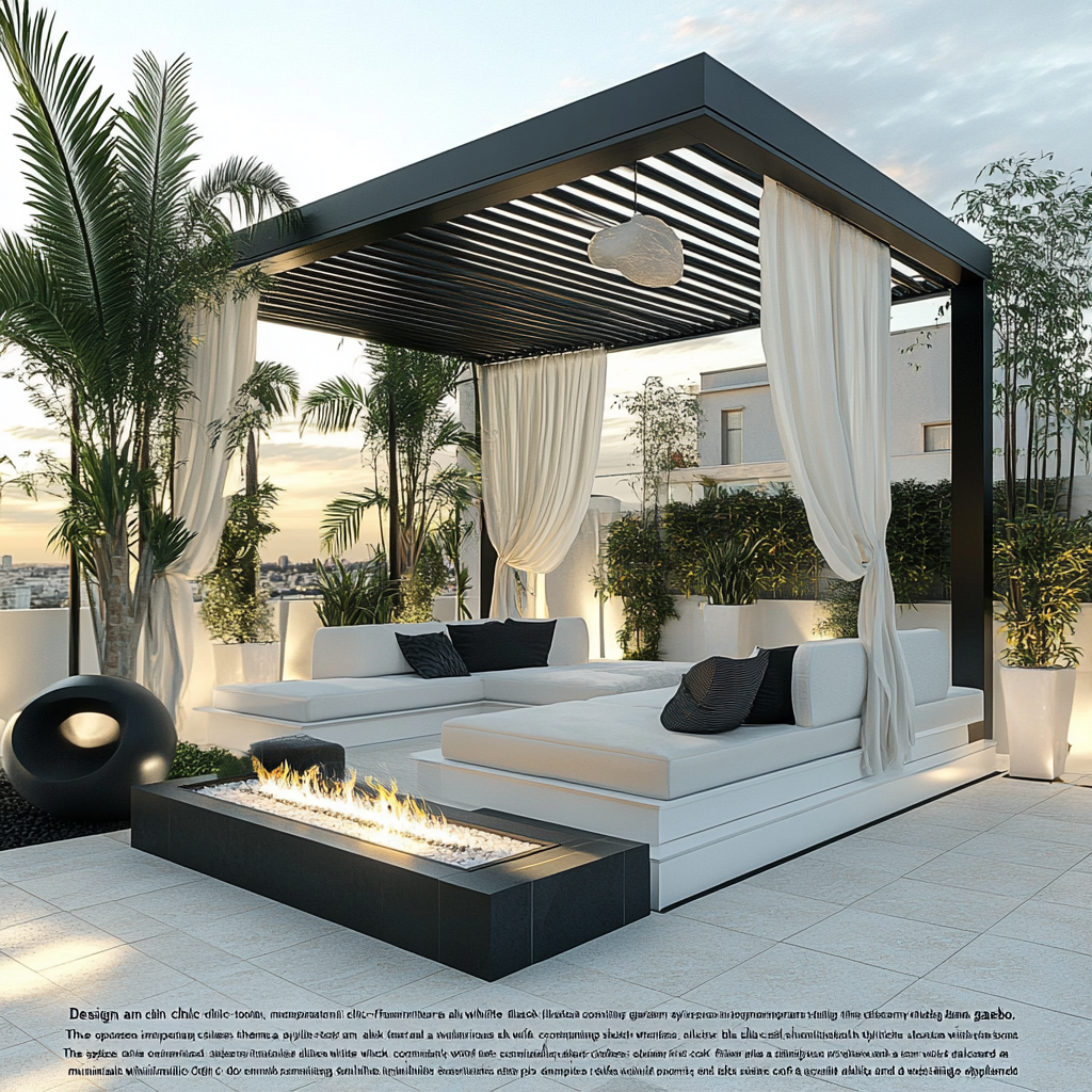 Elegant white-themed roof garden with modern black furniture. Luxurious.