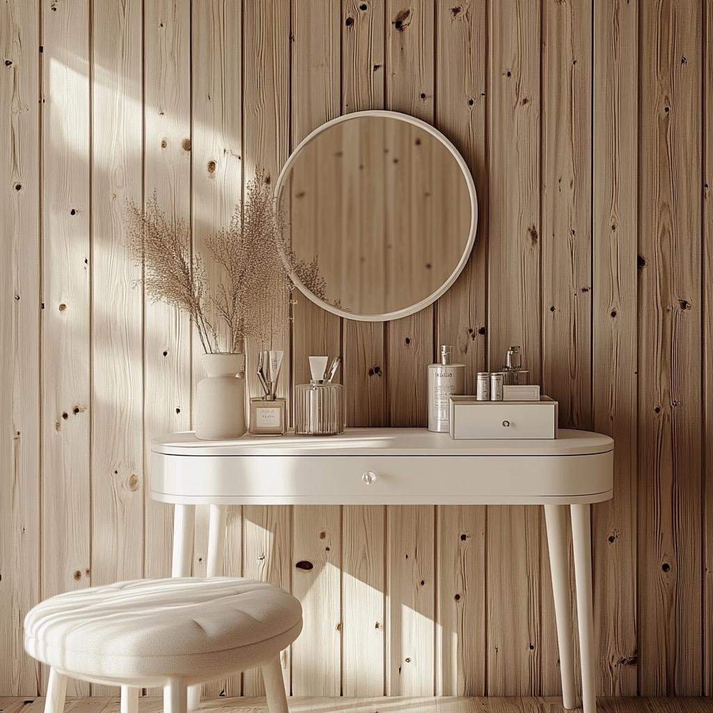 Elegant white vanity table in cozy home interior