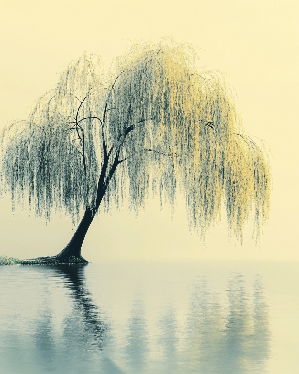 Elegant willow tree with hanging leaves by calm water.