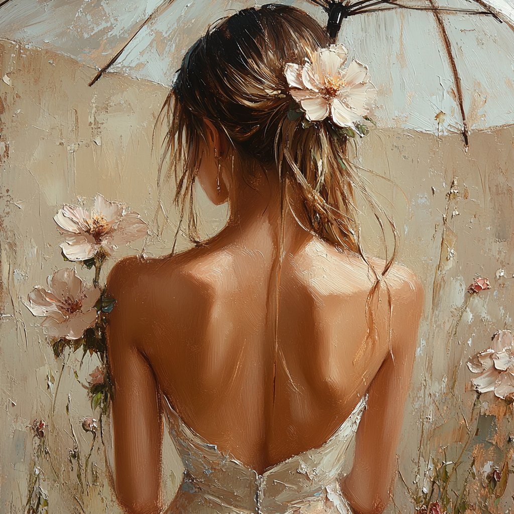 Elegant woman holding floral umbrella in oil painting.