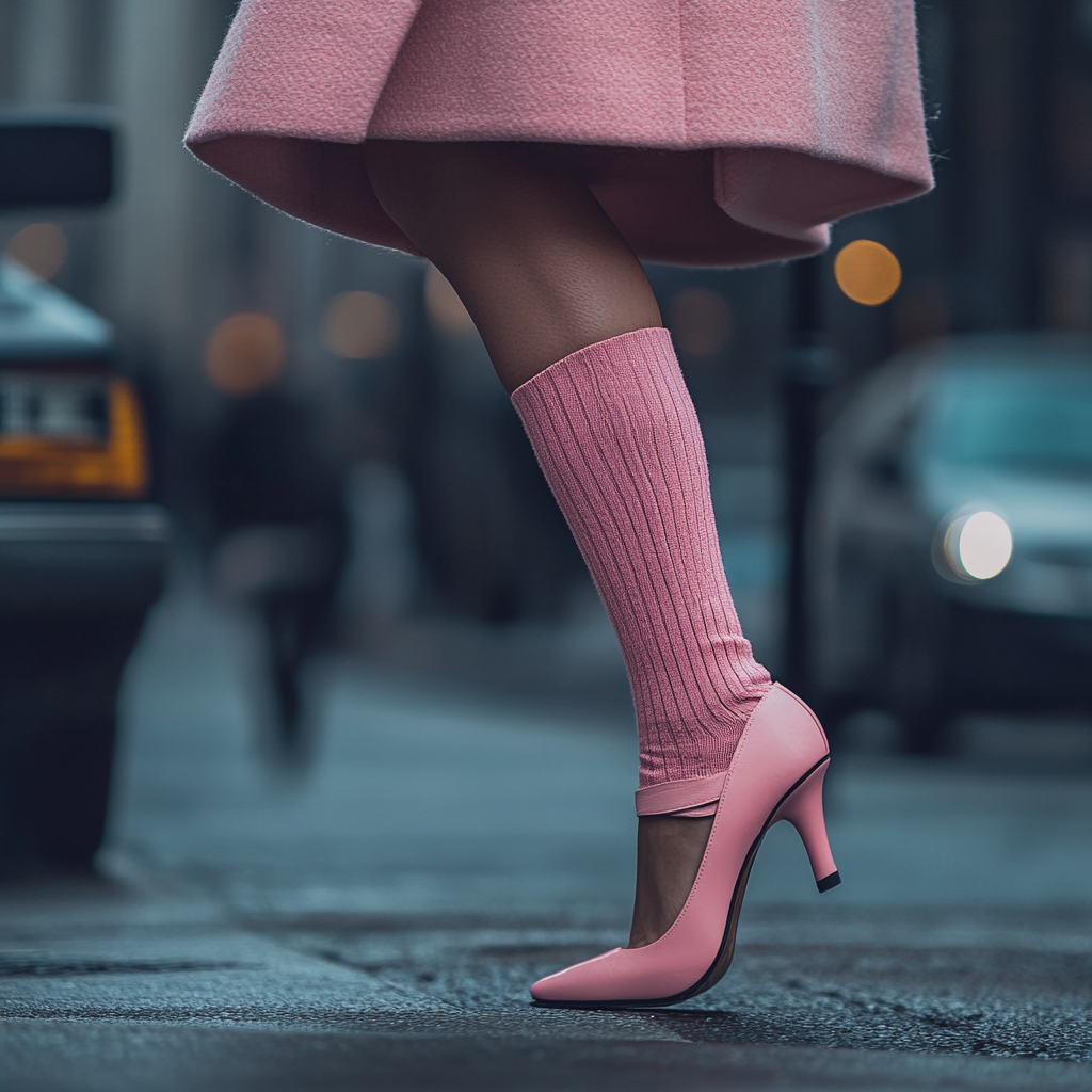 Elegant woman in pink wool socks walking outdoors 