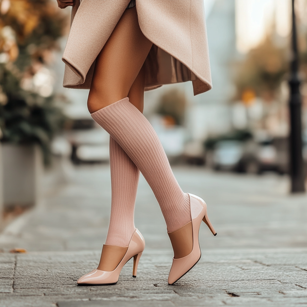 Elegant woman in pink wool socks walking street 