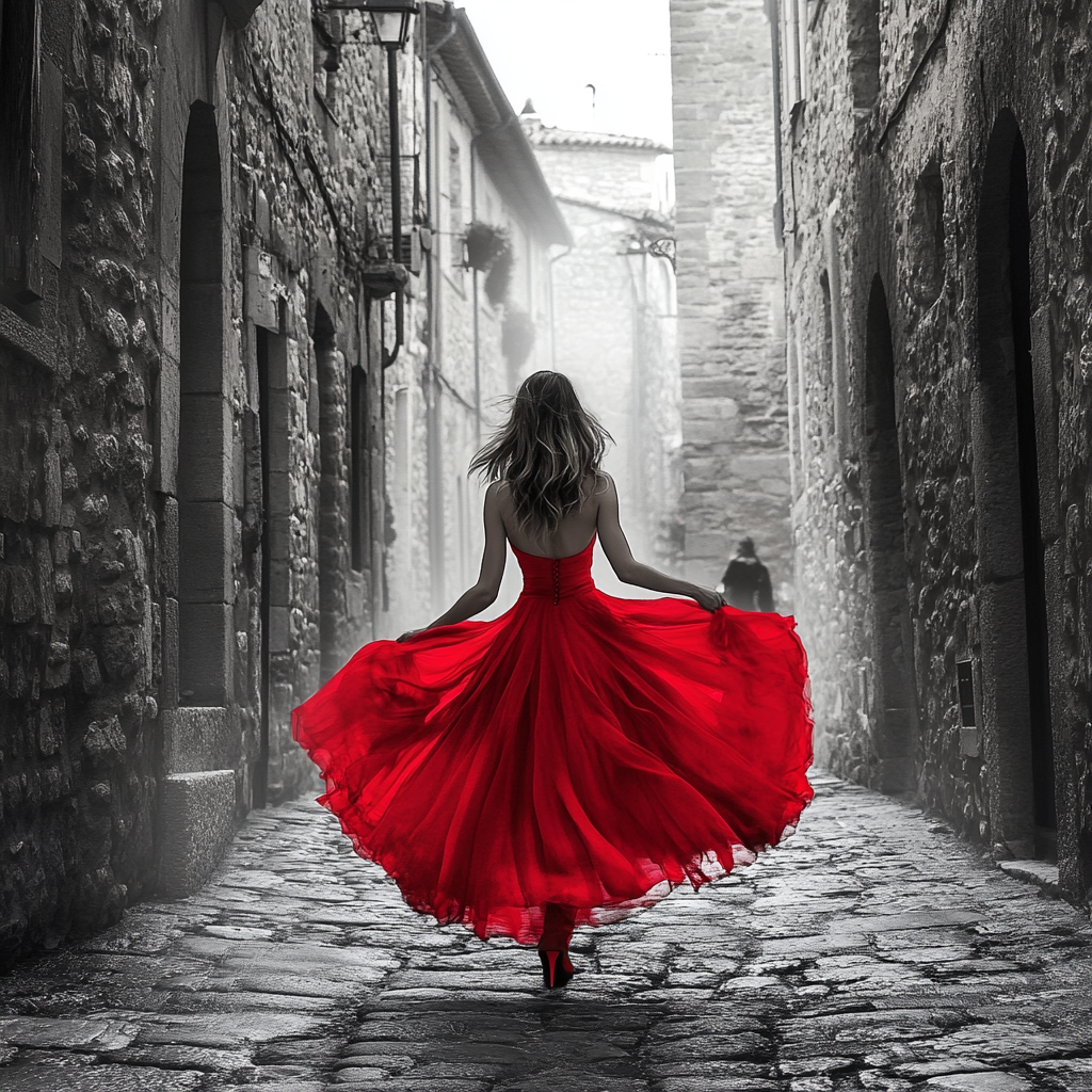 Elegant woman in red dress walking alley scene.