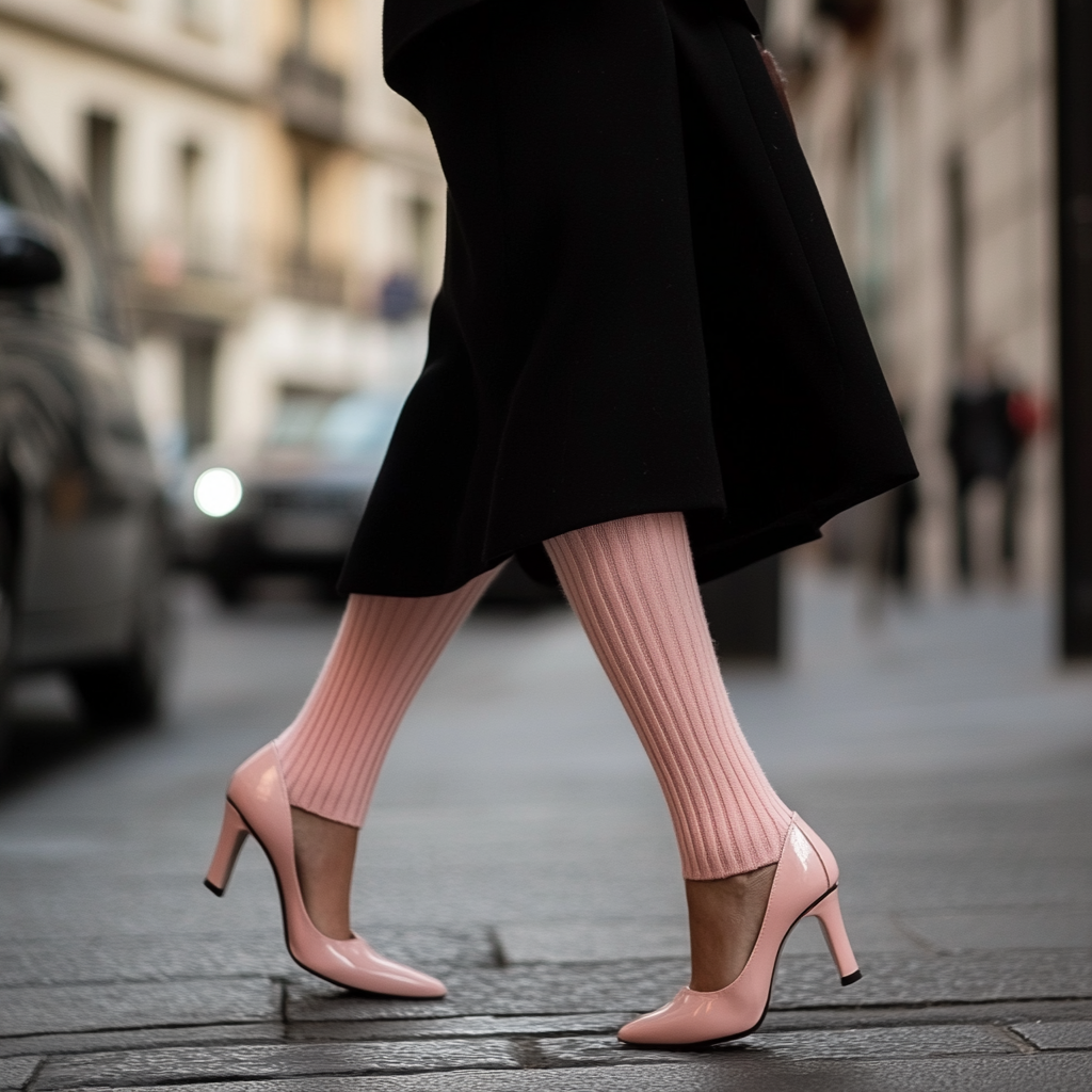 Elegant woman walking in ankle-length pink socks 