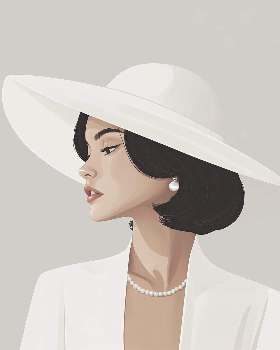 Elegant woman wearing white beige hat with jewelry.