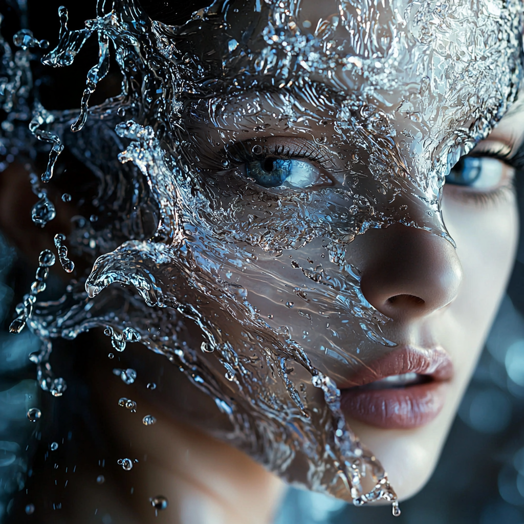 Elegant woman with glass water mask at ball.