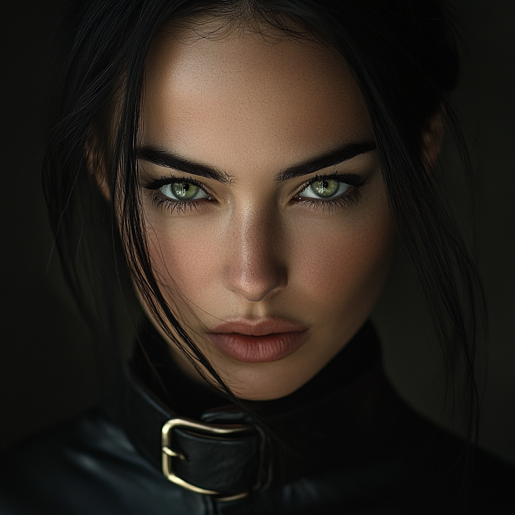 Elegant woman with raven hair and green eyes