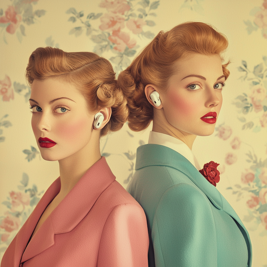 Elegant women in 1950s Apple AirPod ad.