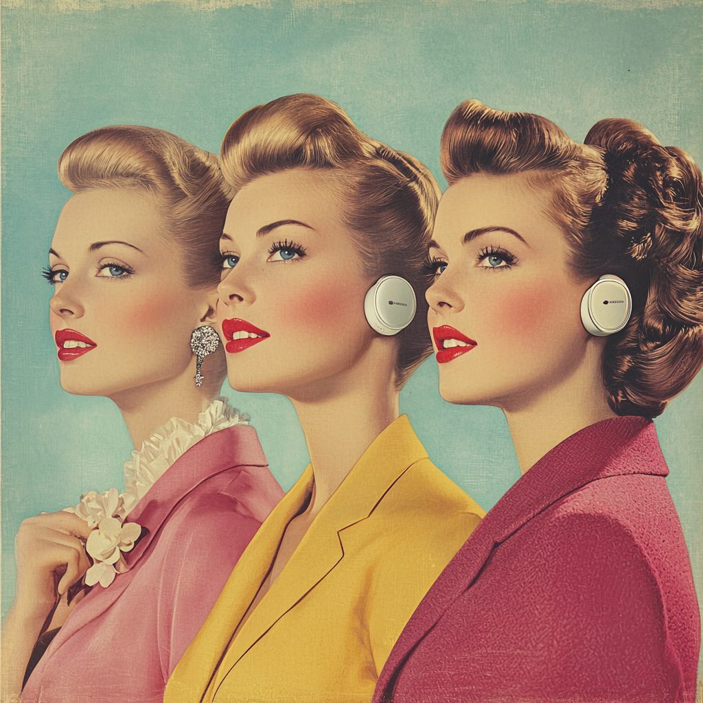 Elegant women with AirPods in retro 1950s style.