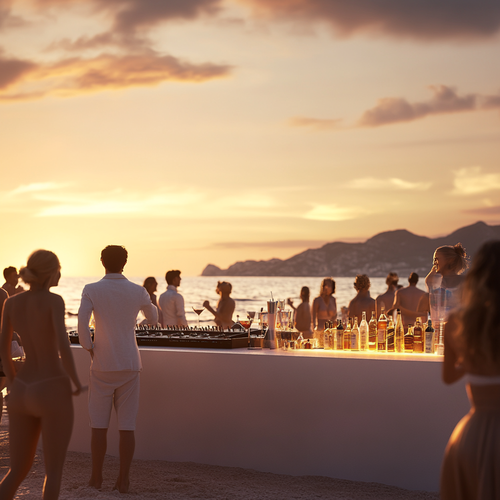 Elegant young people dancing at private beach closing party.