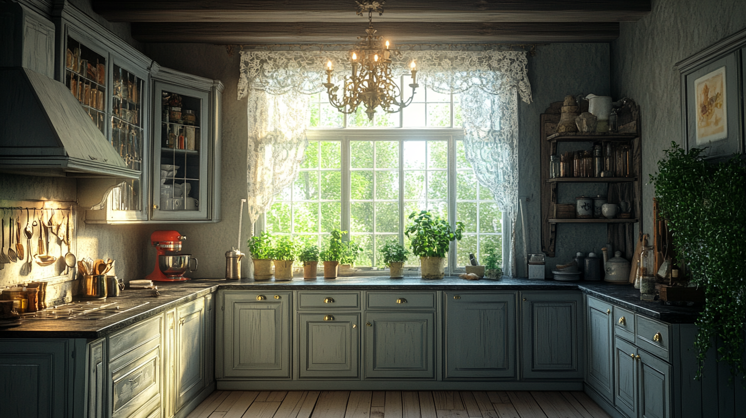 Elegantly eerie kitchen: gray cabinets, lace curtains, antique chandelier.