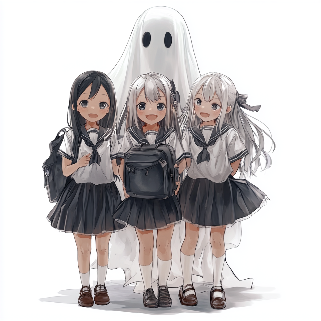 Elementary school girls in Halloween outfits with ghost spirit.