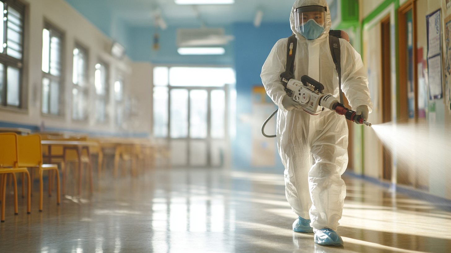 Elementary school sanitized by man in hazmat suit.