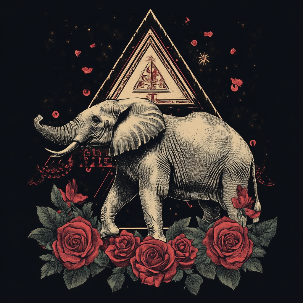 Elephant body as pyramid, trunk raised in power. Red roses at base. Greek letters woven in design.