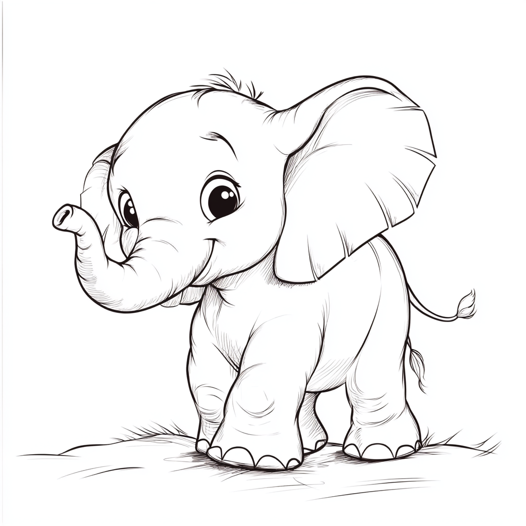 Elephant coloring page for kids, cartoon style, dreamlike.