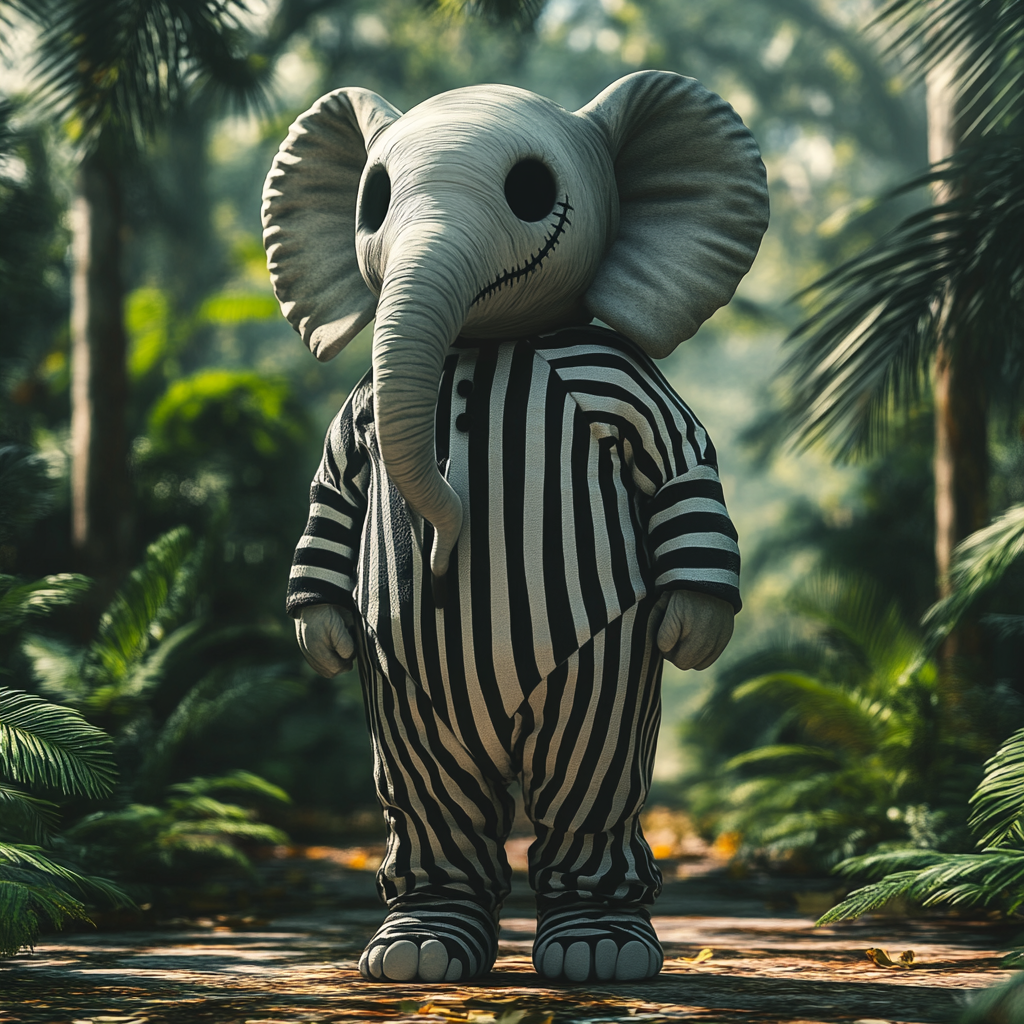 Elephant cosplaying as Jack Skellington in jungle.