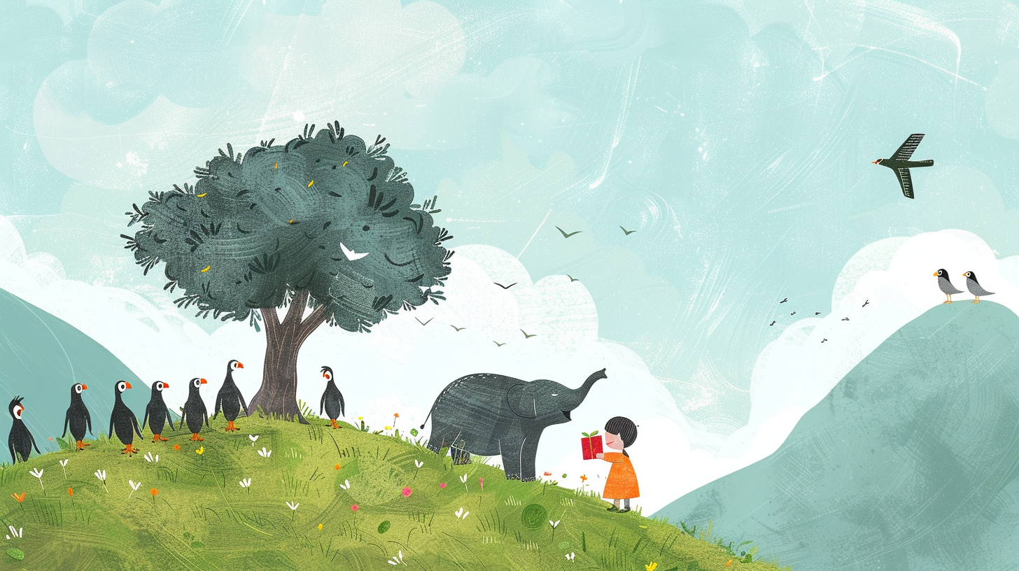 Elephant giving gift to boy, with birds and penguins.