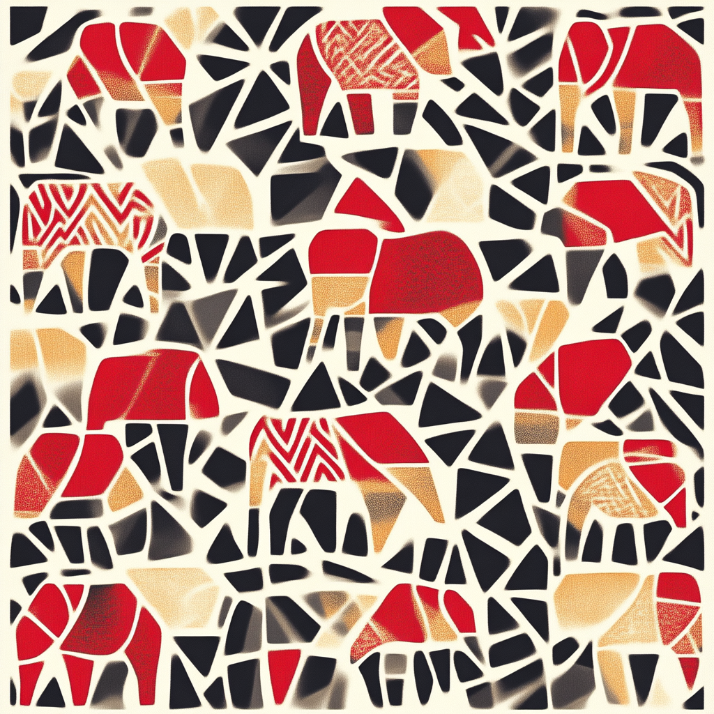 Elephant pattern with red, white, gold designs on shirt.