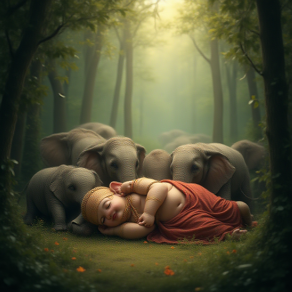 Elephants Shielding Sleeping Lord Ganesha in Forest