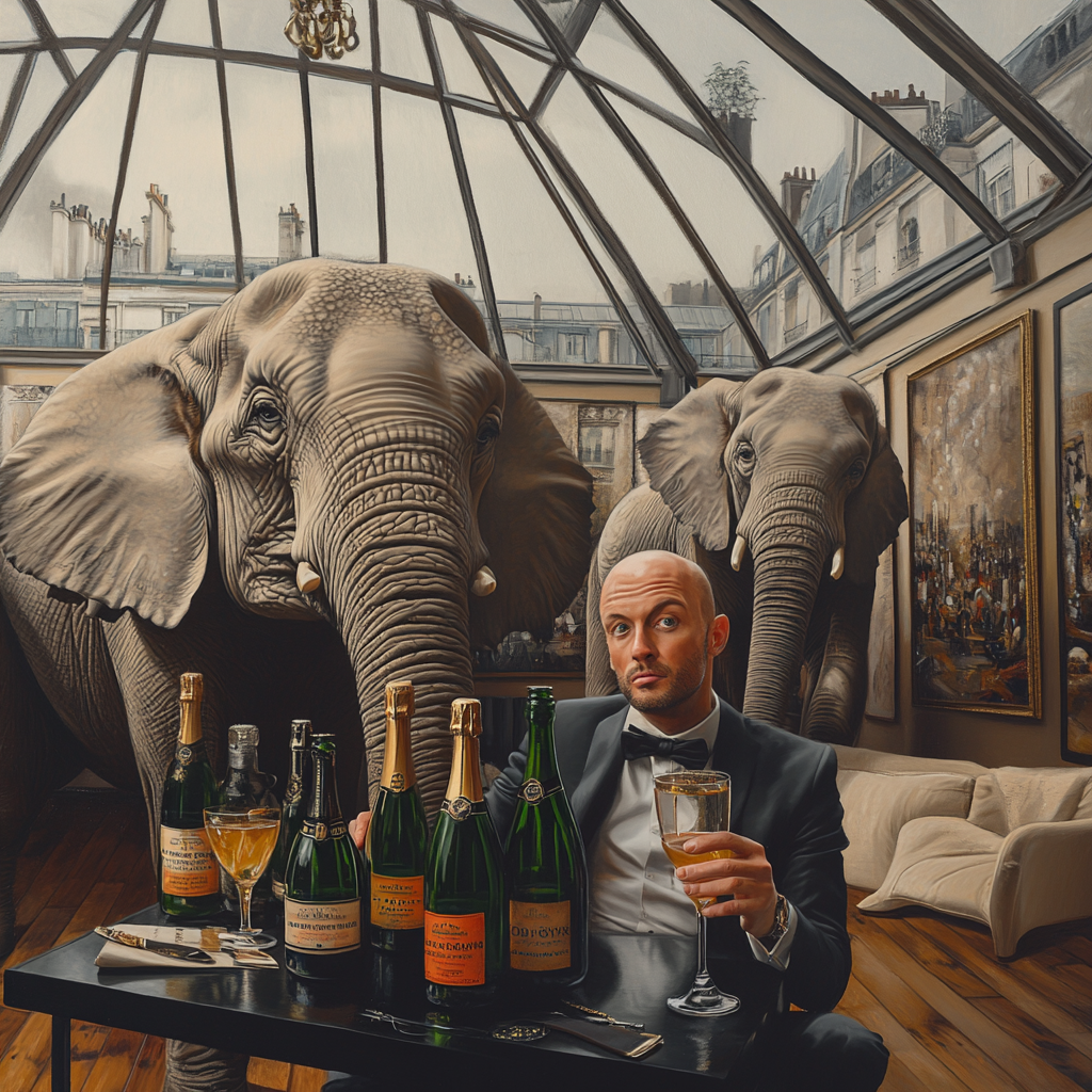 Elephants dancing in loft with artist journalist holding cocktail.