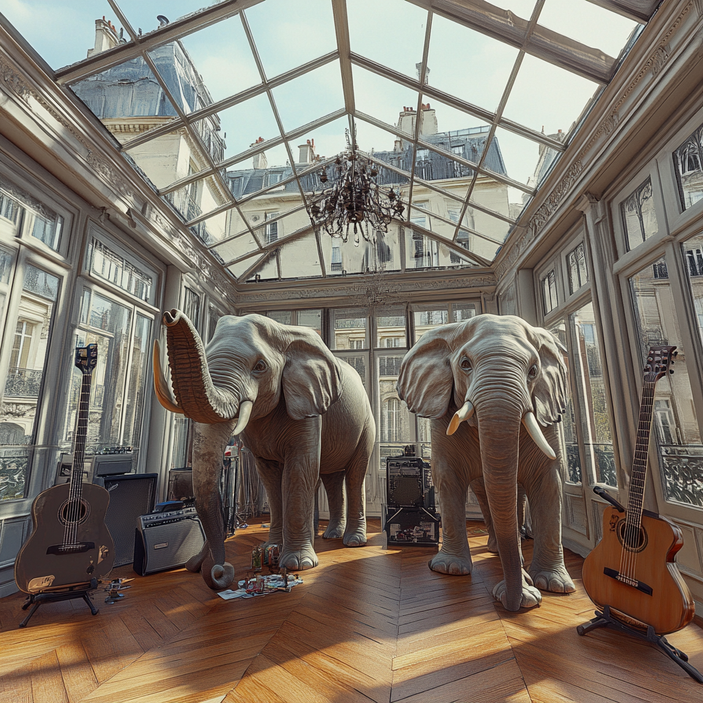 Elephants partying in loft with glass roof, guitars.